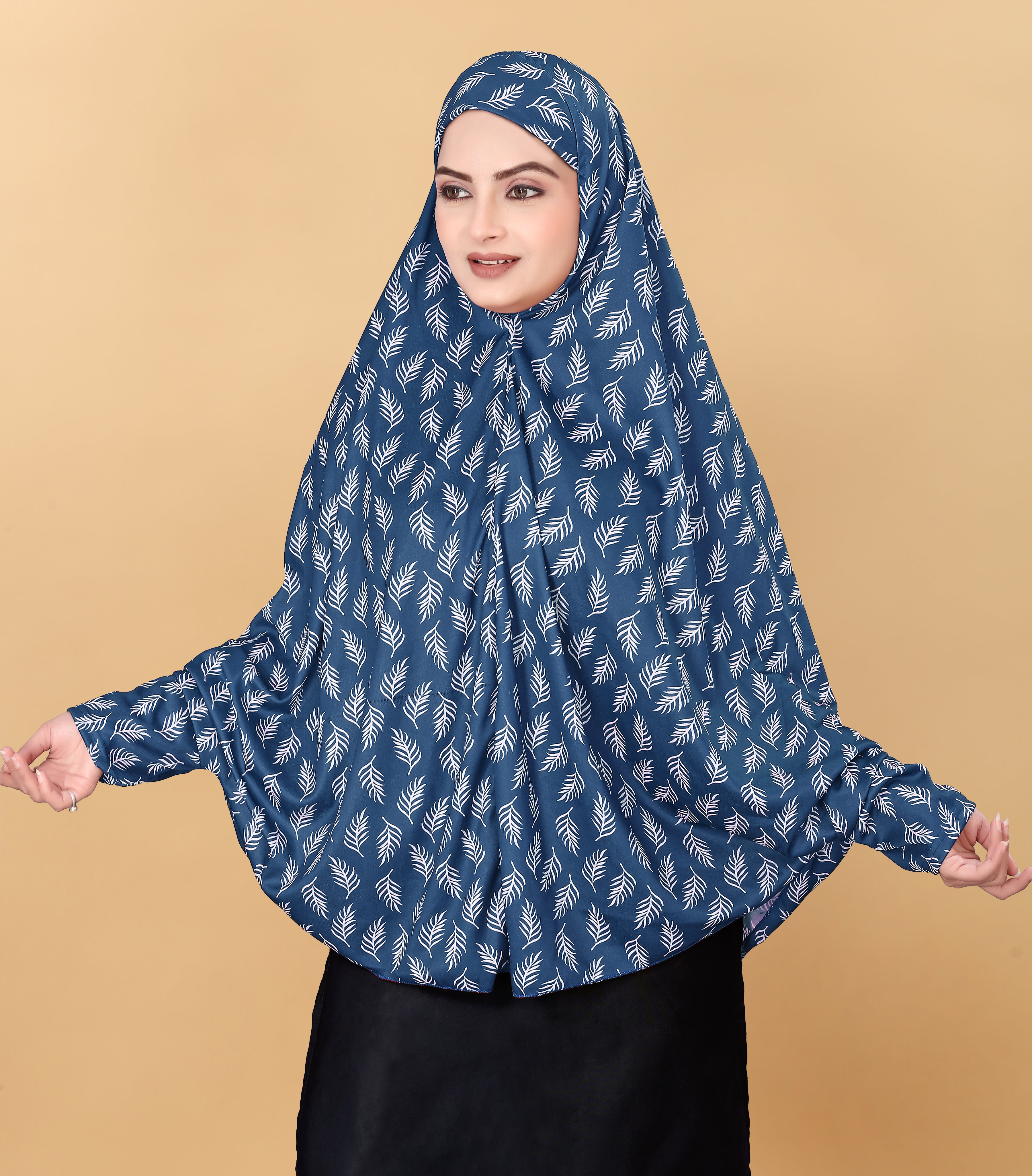 Printed Sleeves Namaz Khimar Hjiab Blue