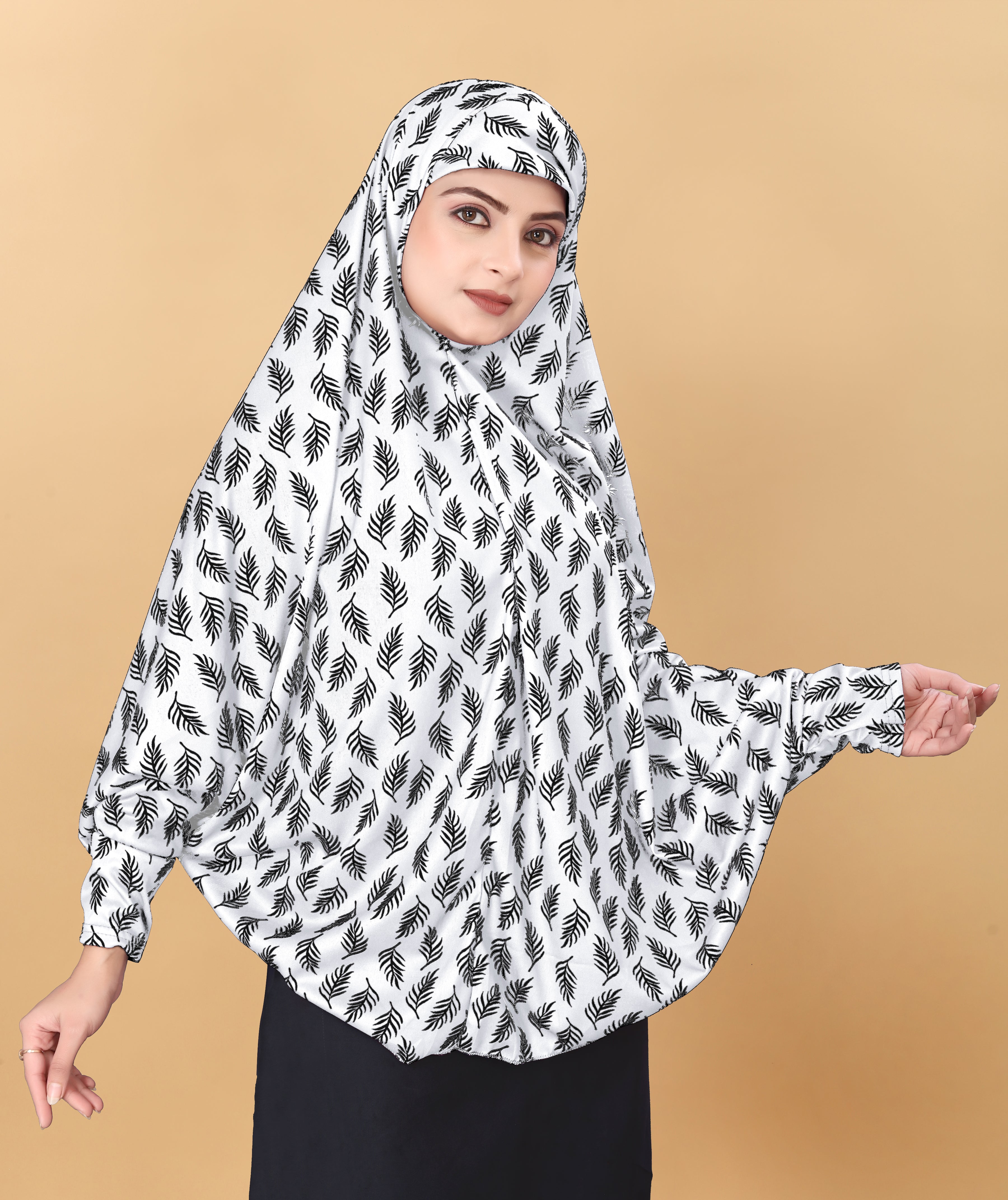 Printed Sleeves Namaz Khimar Hjiab White