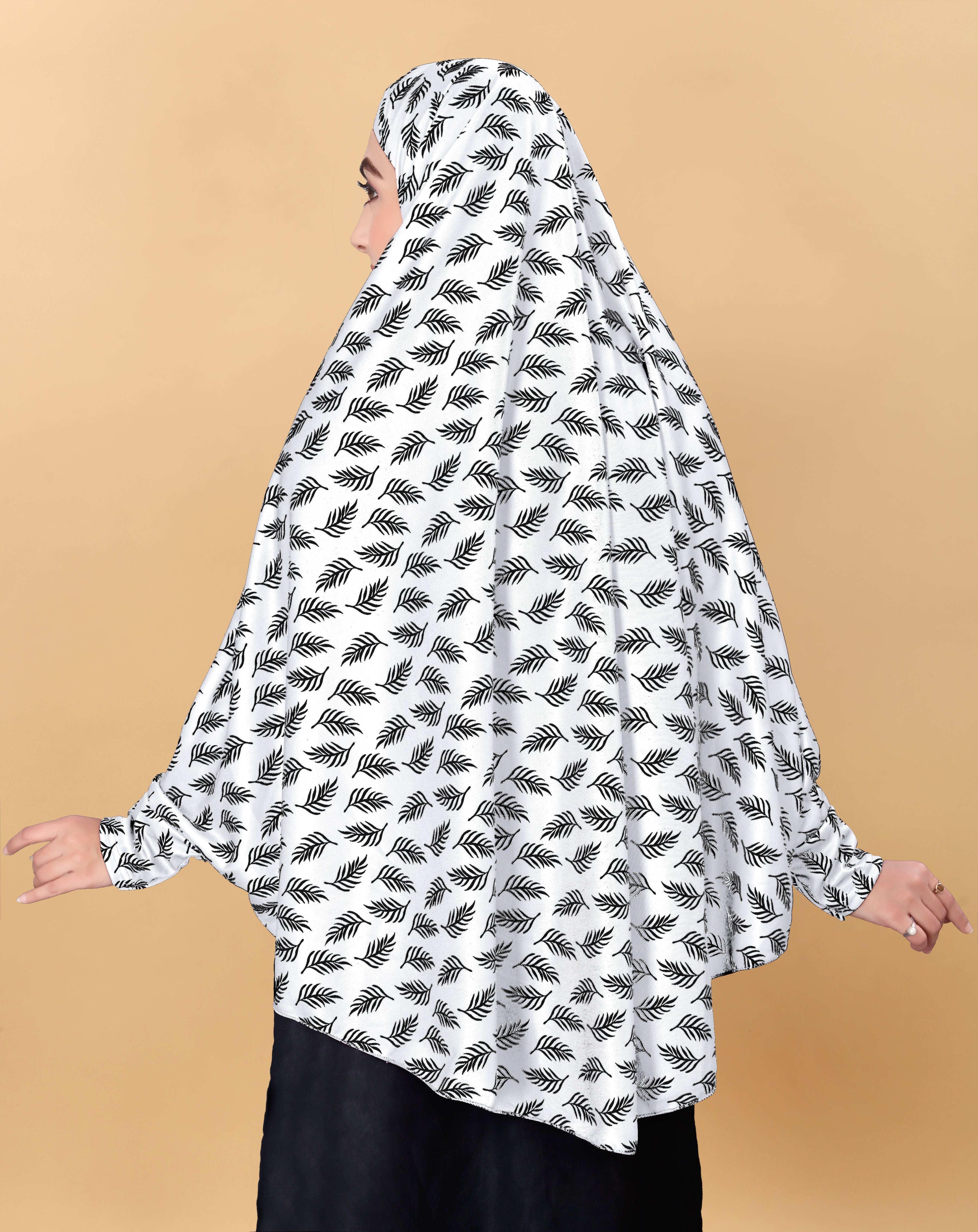 Printed Sleeves Namaz Khimar Hjiab White